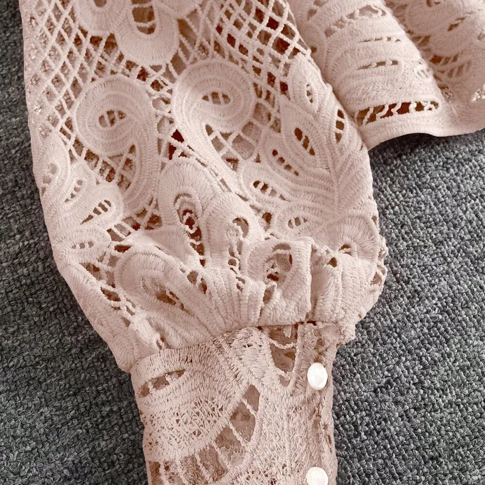 Baby Pink Elegant Women's Floral Lace Zipper Front Lantern Sleeve Blouse - Picture 3 of 6